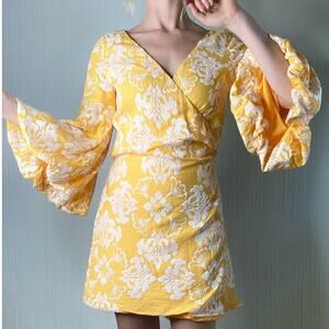 MESTIZA NY Cadiz Canary Yellow Jacquard Bell Puff Sleeve Wrap Mini Dress XSMALL